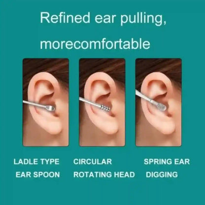 Teal instructional graphic showing three close-up ear-pulling demonstration panels with text reading 'Refined ear pulling, morecomfortable' and labels for 'Ladle Type Ear Spoon,' 'Circular Rotating Head,' and 'Spring Ear Digging.'.