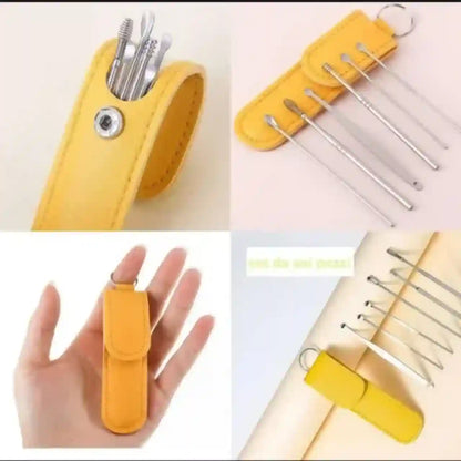 Set of sewing needles in a yellow case with close-up shots on a light pink background.