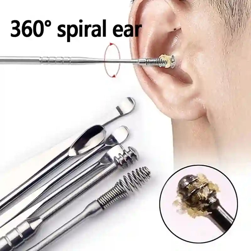 Four metallic ear cleaning tools shown on a white background, with one tool inserted into a human ear and text reading '360° spiral ear,' plus a circular close-up inset of debris being cleared.