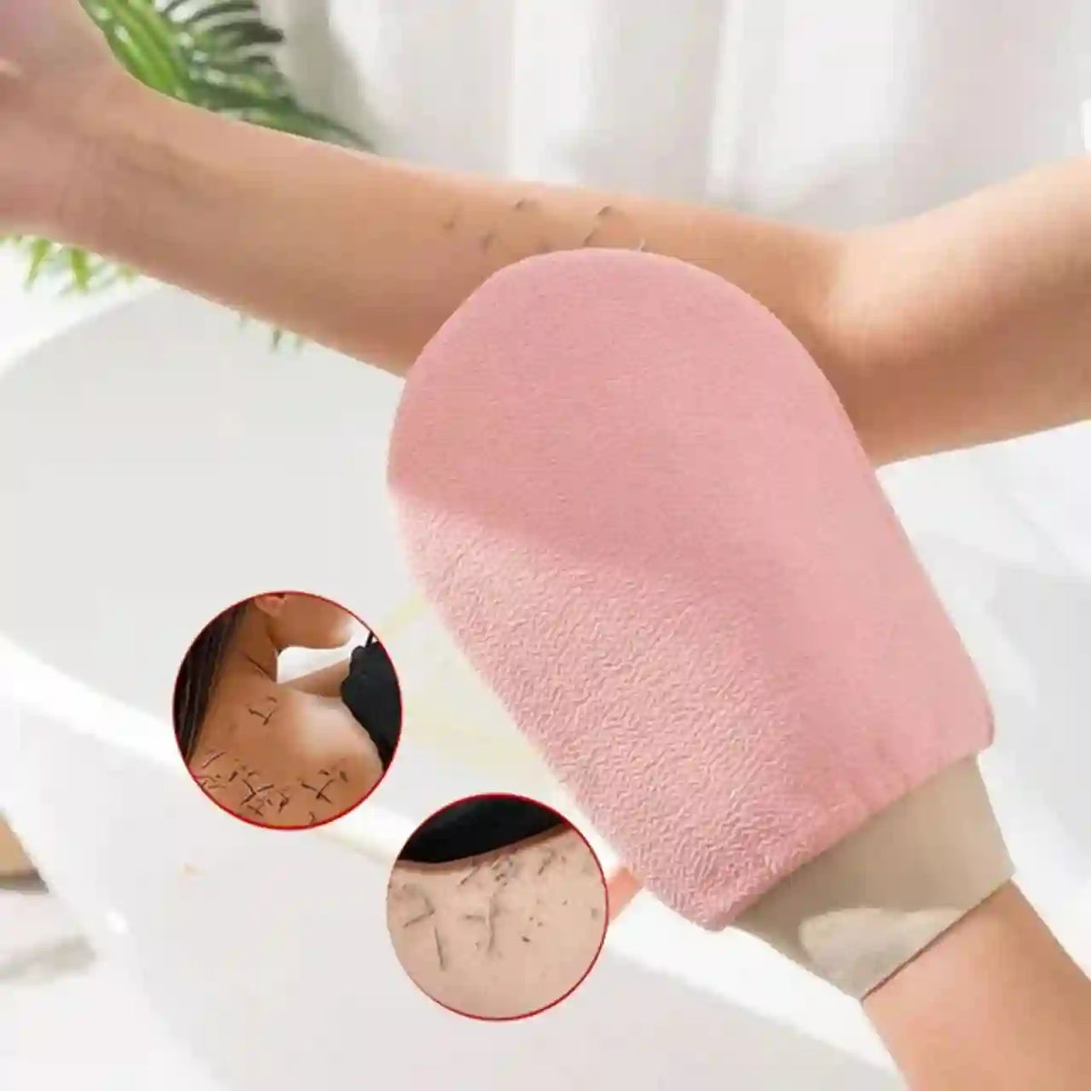 Person using a pink exfoliating glove on their arm with close-up insets showing hair removal.