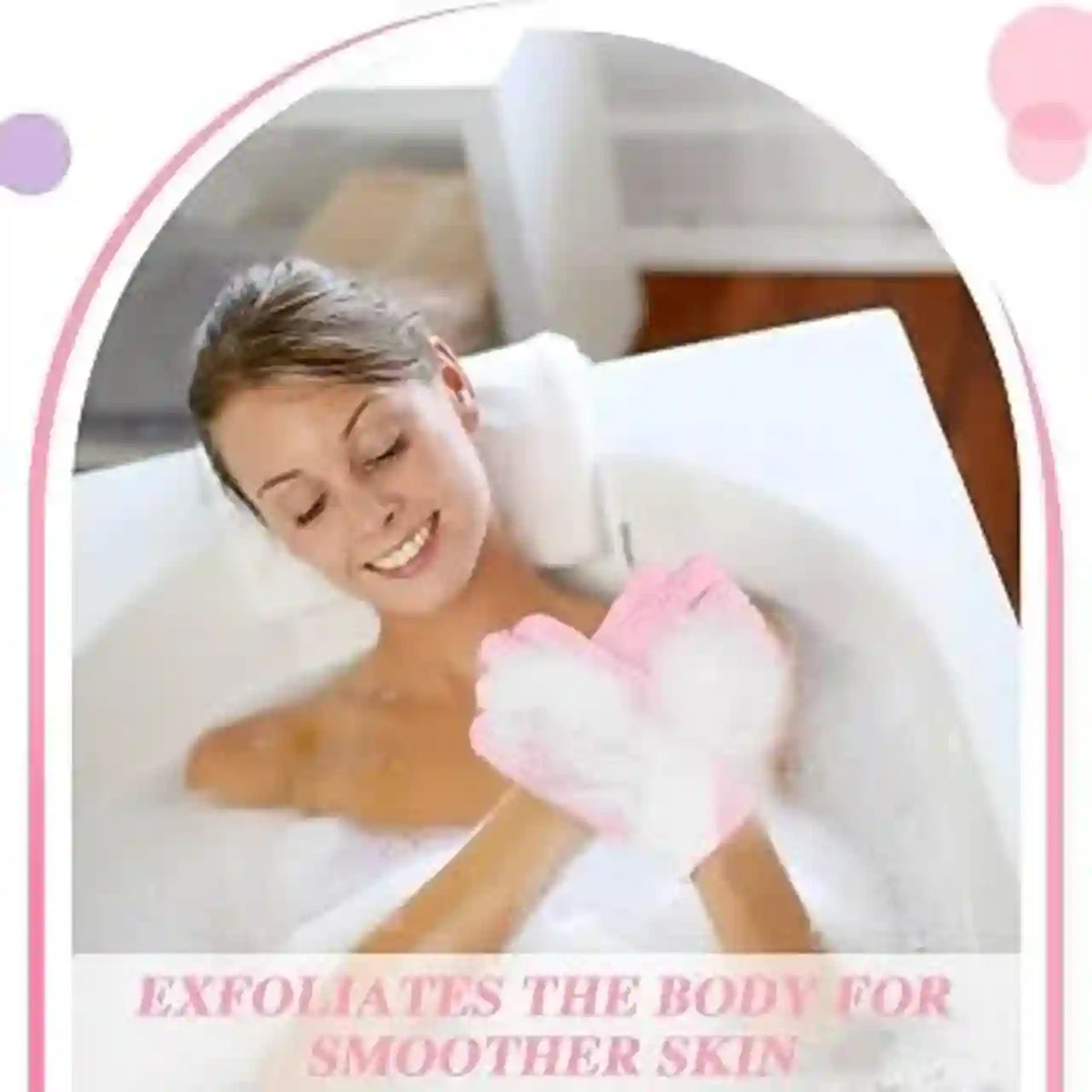 Woman in a bathtub with a pink exfoliating glove, surrounded by bubbles.