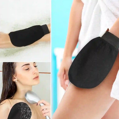 Black arm and leg sleeves being used on arms and legs with a woman using a hairbrush.