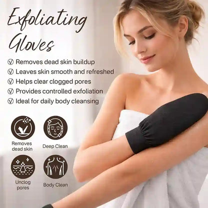 A woman wrapped in a white towel wears a black exfoliating glove on one arm, with promotional text and icons on the left describing skin-cleansing benefits.