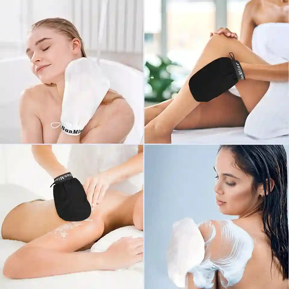 A four-panel collage showing a black and white exfoliating mitt being used on a person's shoulder, leg, and back, with shaving foam visible in one panel.