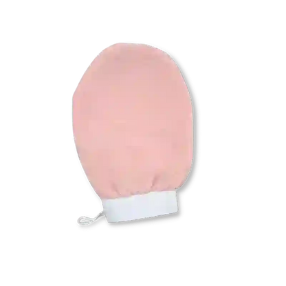 A light pink cotton fabric hand towel or washcloth with a white elastic wrist strap and a small white drawstring loop, shown on a plain white background.