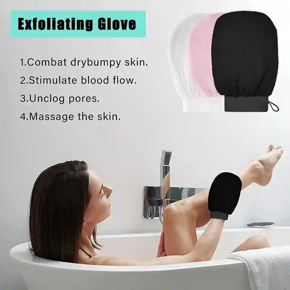 Woman in a bathtub with an exfoliating glove, accompanied by text listing benefits.