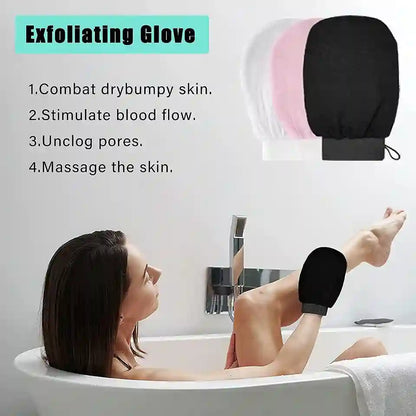 Woman in a bathtub with an exfoliating glove, accompanied by text listing benefits.