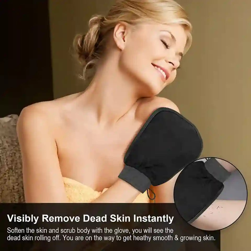 Woman using a black exfoliating glove on her arm with text about skin care benefits.