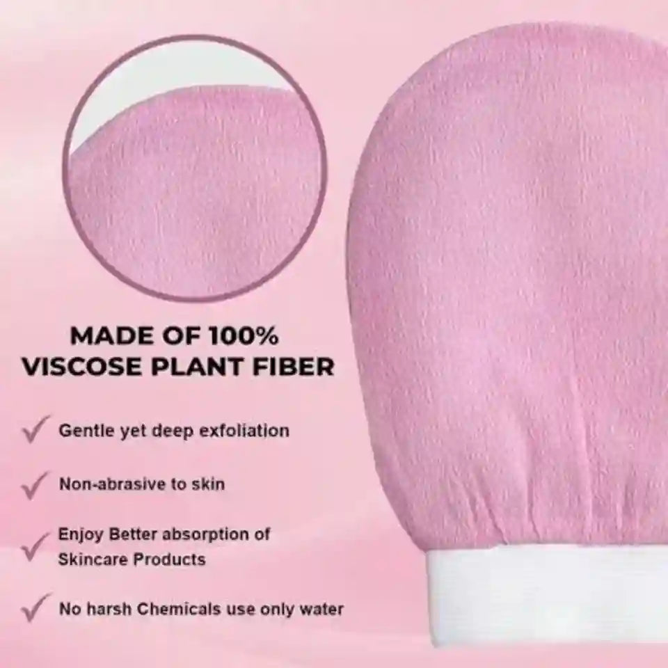 Pink viscoscous fabric mask or face cover with a white neck trim, shown on a pink background with text stating it is made of 100% viscose plant fiber and listing benefits.
