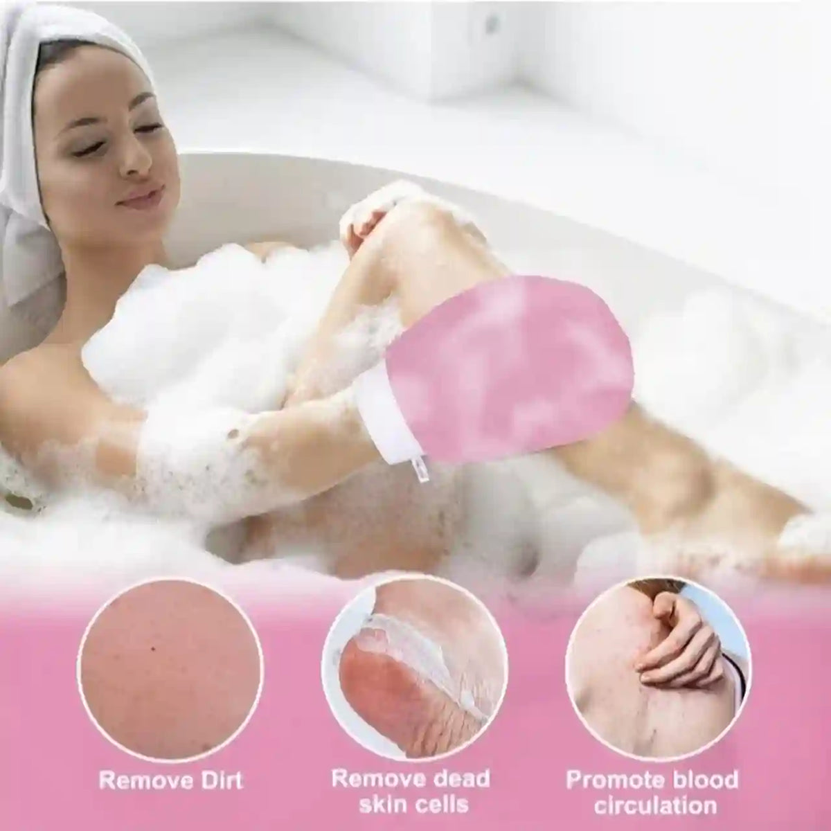 Woman in a bathtub with a pink exfoliating glove, surrounded by bubbles, with inset images showing product benefits.