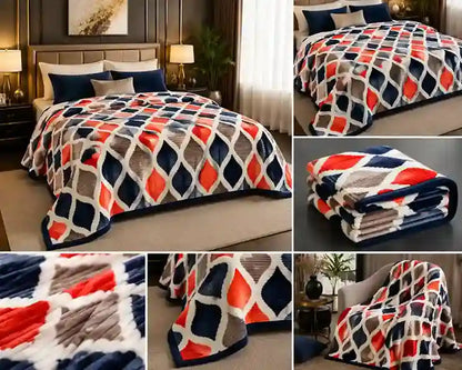 A multicolor geometric patterned throw blanket with a diamond lattice design in navy, red-orange, gray, and white, shown in a bedroom setting and as a folded product.
