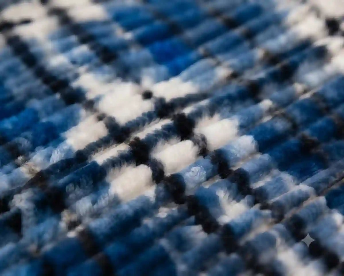 Close-up of a plush, textured fabric with a blue, white, and black plaid pattern.