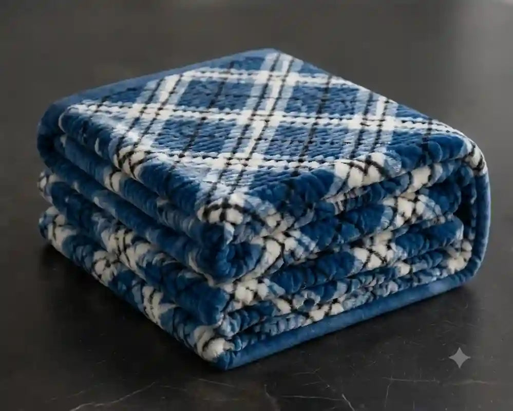 A folded blue and white plaid fleece blanket with a plush, textured surface, displayed on a dark gray surface.