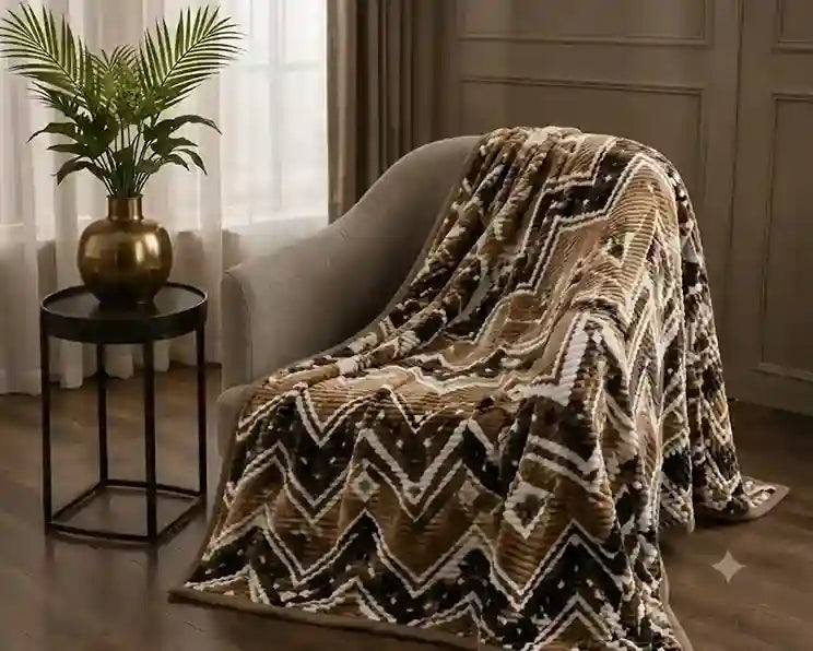 A plush throw blanket with a brown, beige, and black geometric chevron pattern is draped over a gray armchair in a cozy room setting next to a small side table with a gold plant pot.