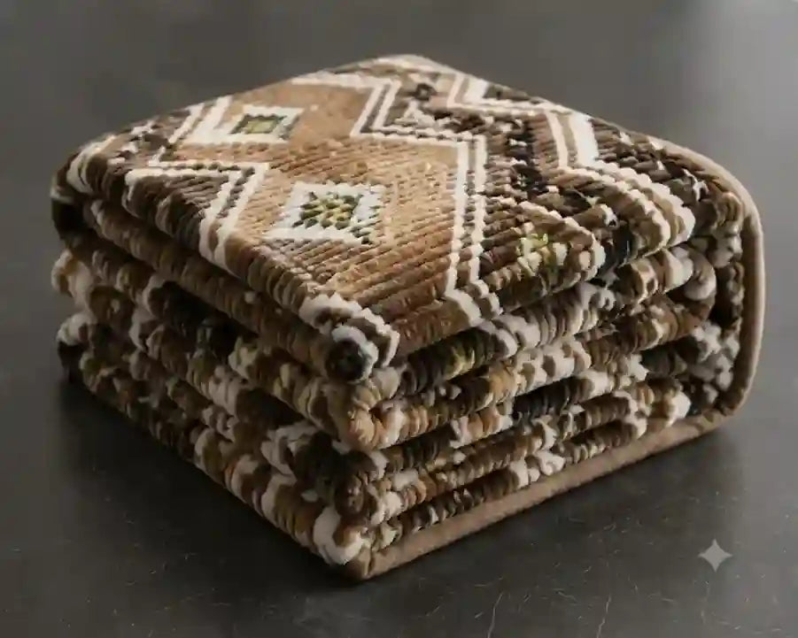 A stack of folded woven prayer rugs with a geometric pattern in brown, beige, and white, set against a dark gray background.