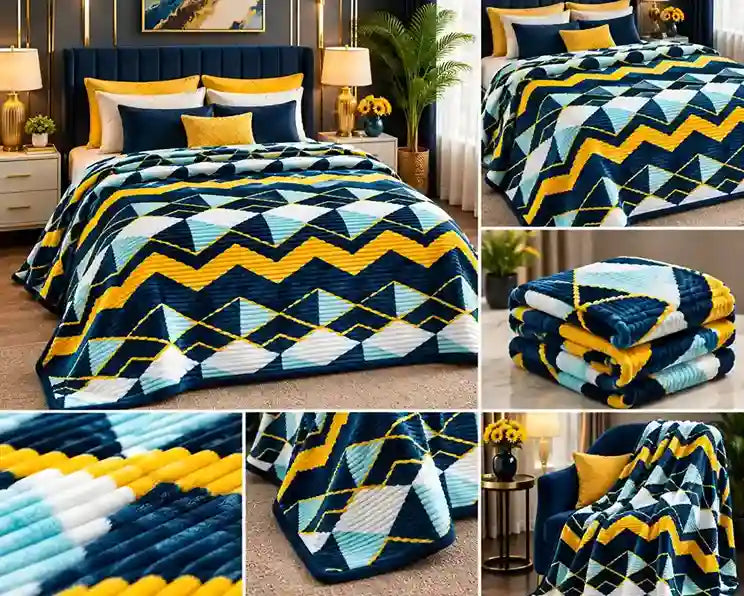 A bedding set featuring a geometric chevron pattern in navy blue, yellow, light blue, and white, shown in a bedroom setting and as a folded throw blanket.