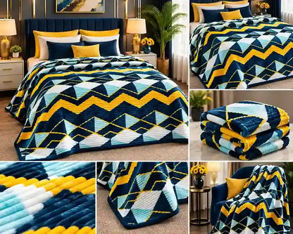 A bedding set featuring a geometric chevron pattern in navy blue, yellow, light blue, and white, shown in a bedroom setting and as a folded throw blanket.