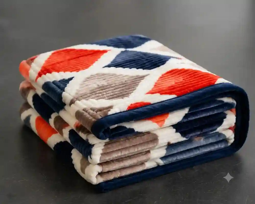A folded plush blanket with a geometric diamond pattern in navy blue, white, orange, and taupe, set against a dark gray background.