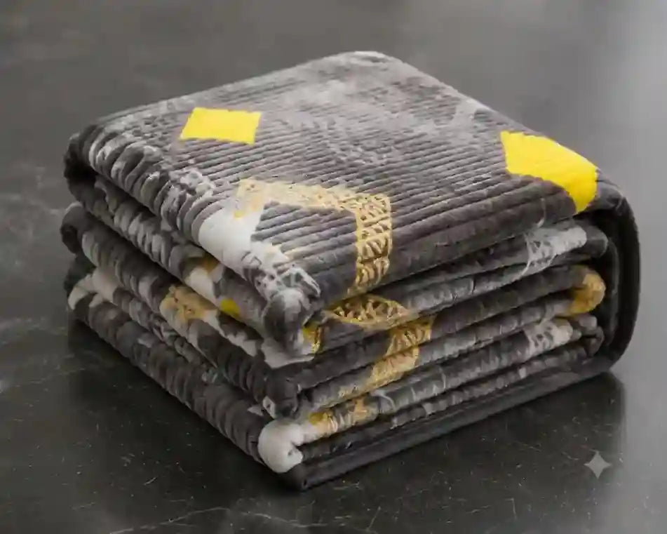 A stack of four folded ribbed bath mats in a dark gray and black pattern with yellow and white accents, resting on a dark gray surface.