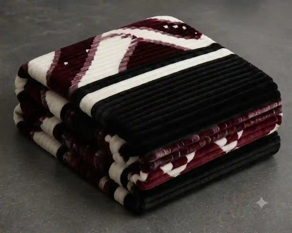 A stack of folded plush corduroy blankets in a color-blocked pattern of burgundy, cream, and black, set against a dark gray textured background.