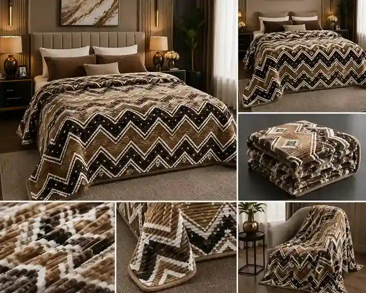 A collage showing a brown, black, and beige chevron-patterned throw blanket in various home settings, including styled bedroom scenes, a folded view, close-up texture details, and draped over an armchair.