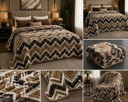 A collage showing a brown, black, and beige chevron-patterned throw blanket in various home settings, including styled bedroom scenes, a folded view, close-up texture details, and draped over an armchair.