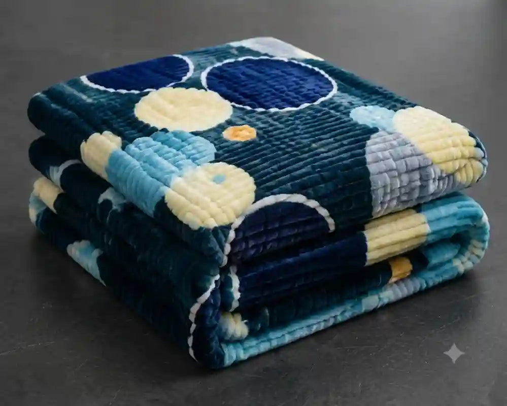 A folded plush blanket with a blue, navy, light blue, and cream floral pattern, displayed on a dark gray surface.