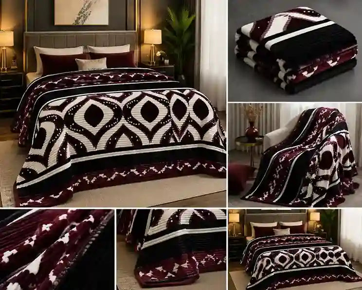 A bedding set featuring a geometric patterned throw blanket and matching pillow shams in black, white, and deep burgundy, shown both folded and styled on a bed in a bedroom setting.