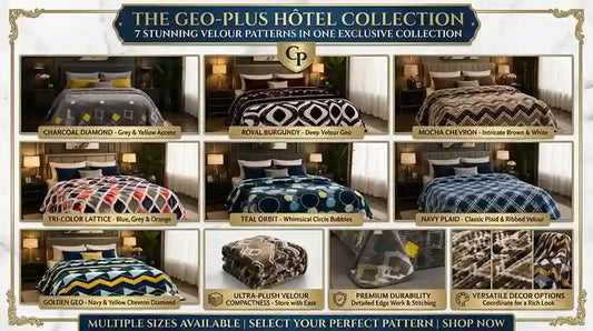 A promotional collage for 'The Geo-Plus Hotel Collection' showing nine different patterned bedding sets arranged in a 3x3 grid, each labeled with its specific design name and colorway. The collection advertises '7 Stunning Yellow Pattern in One Exclusive Collection'.