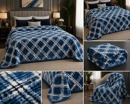 A blue and white plaid blanket shown in a bedroom setting, with multiple panels showing the blanket folded, draped over a bed, and close-up texture details.