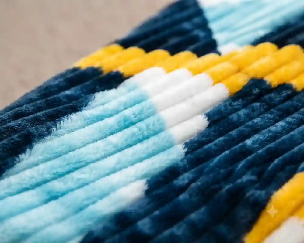 Close-up of a plush ribbed textile with a geometric pattern in navy blue, light blue, white, and yellow.