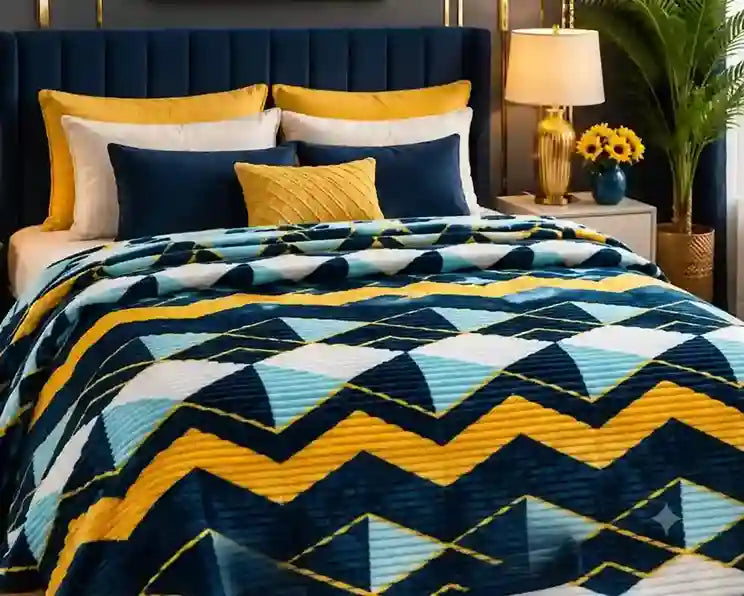 A bed dressed in a geometric patterned quilt with navy, yellow, and light blue zigzag and triangle motifs, styled with matching pillows in a modern bedroom setting.