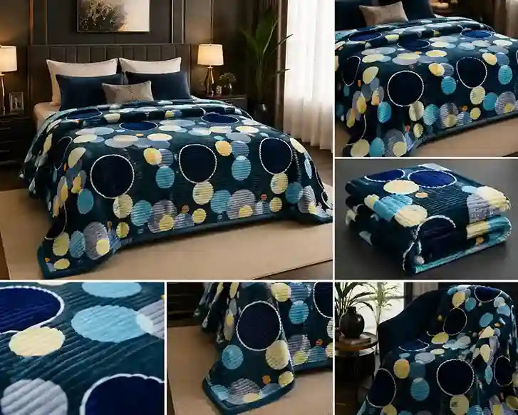 A collage showing a bed made with a dark blue patterned comforter or quilt, plus close-up fabric detail panels and folded views. The textile has large circular dot motifs in navy, light blue, yellow, and white on a dark teal-blue ground.