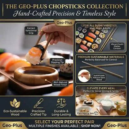 Promotional graphic for the Geo-Plus Chopsticks Collection, featuring a hand holding sushi chopsticks over a dipping bowl, alongside text callouts and feature panels about sustainable materials, precision tips, and packaging.