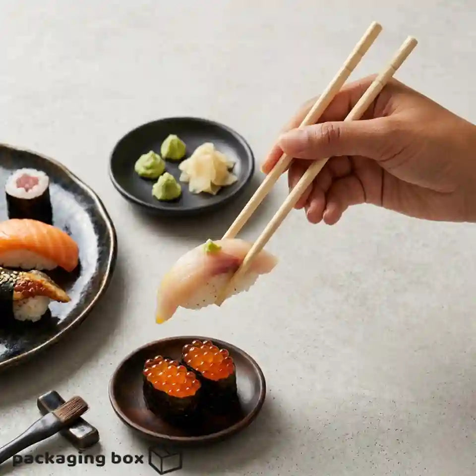A hand holding a piece of nigiri sushi with wooden chopsticks over a light gray surface, with other plates of sushi and wasabi in the background.
