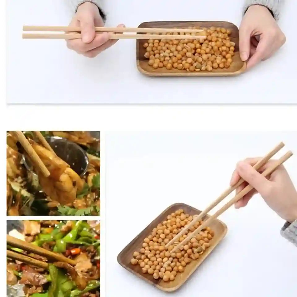Collage of images showing wooden chopsticks being used with food on a white background