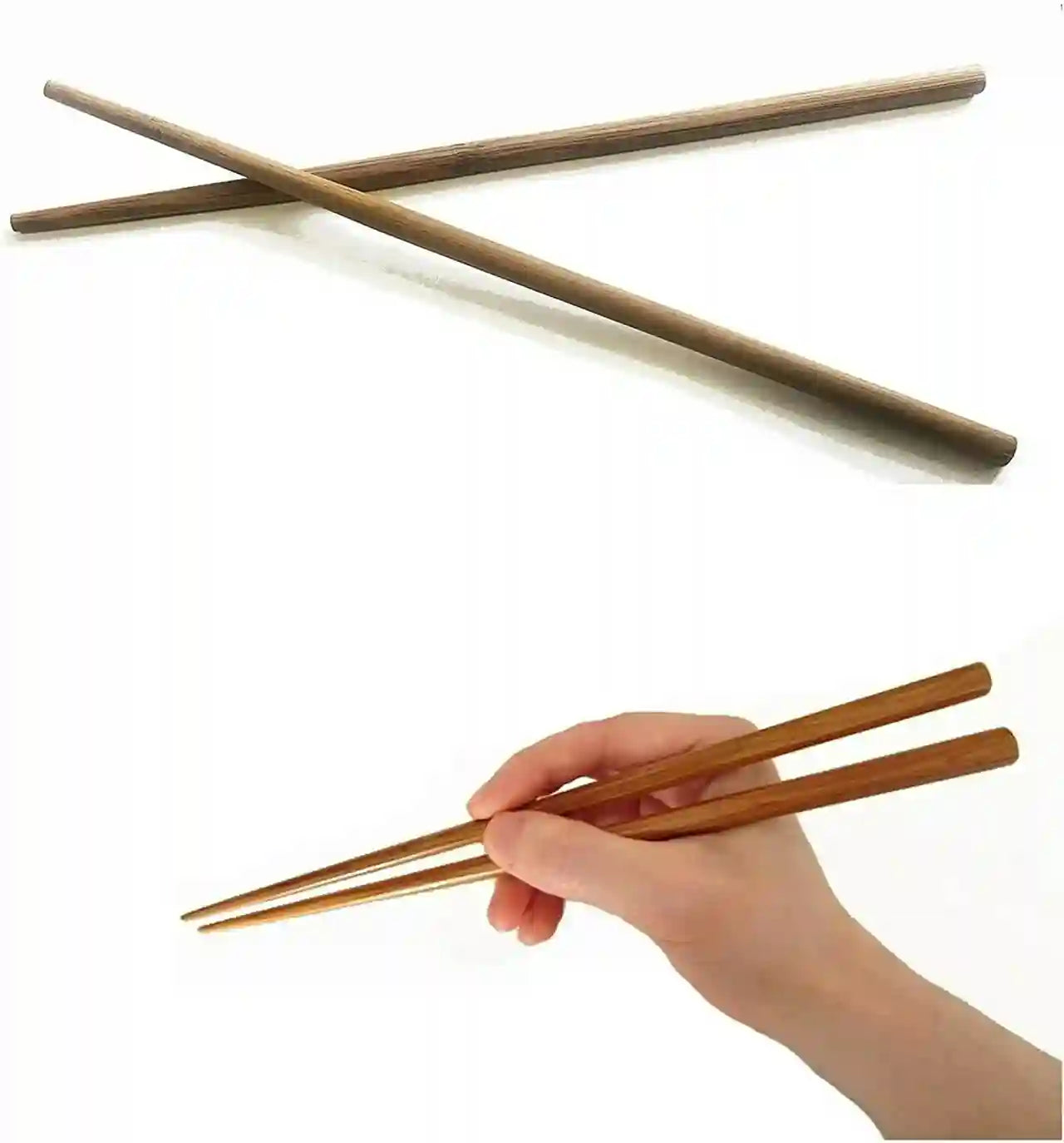 Wooden chopsticks with a hand holding them on a white background