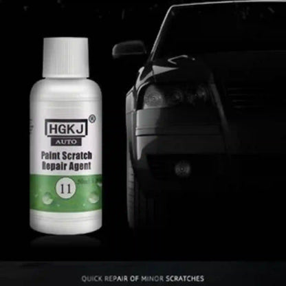 A bottle of HGKJ Auto Paint Scratch Repair Agent shown next to a dark car on a black background, with text at the bottom reading 'QUICK REPAIR OF MINOR SCRATCHES'.