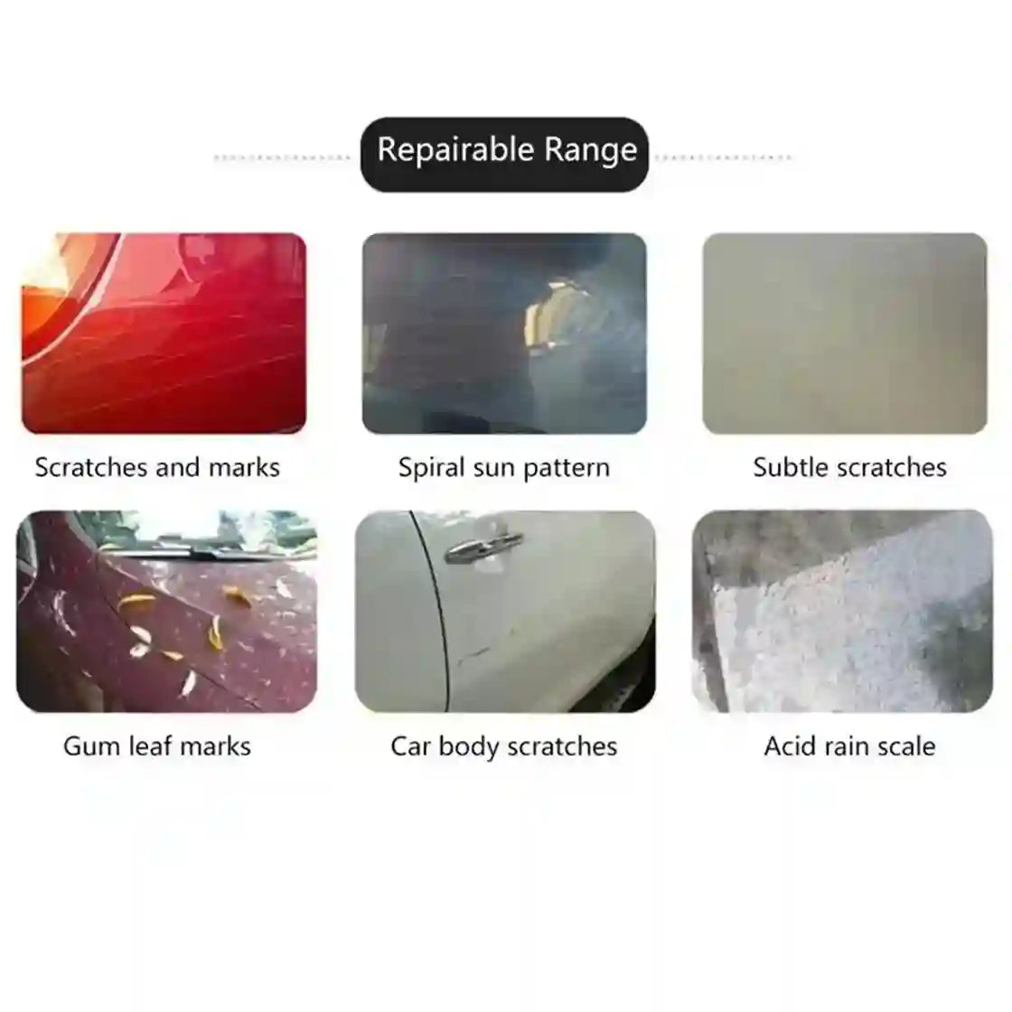 A product feature graphic titled 'Repairable Range' showing six examples of car surface damage that can be repaired: scratches and marks, spiral sun pattern, subtle scratches, gum leaf marks, car body scratches, and acid rain scale, each pictured in a small square on a light gray background.