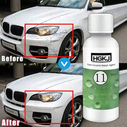 A bottle of HGKJ plant scratch repair agent shown next to a before-and-after comparison of a white BMW SUV, demonstrating the repair effect on a scratched headlight.