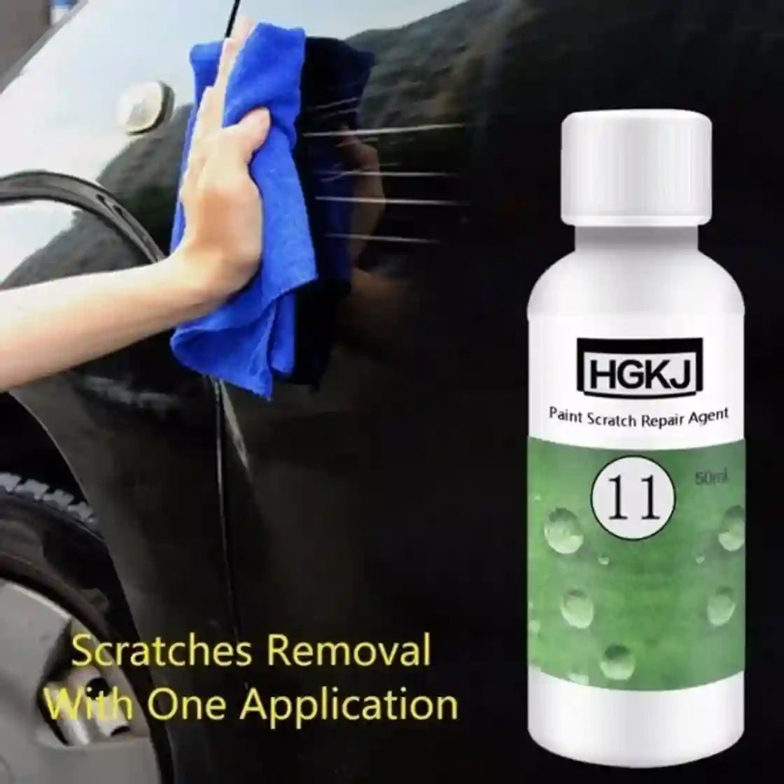 Car scratch repair agent bottle with a hand using a blue cloth on a car surface.