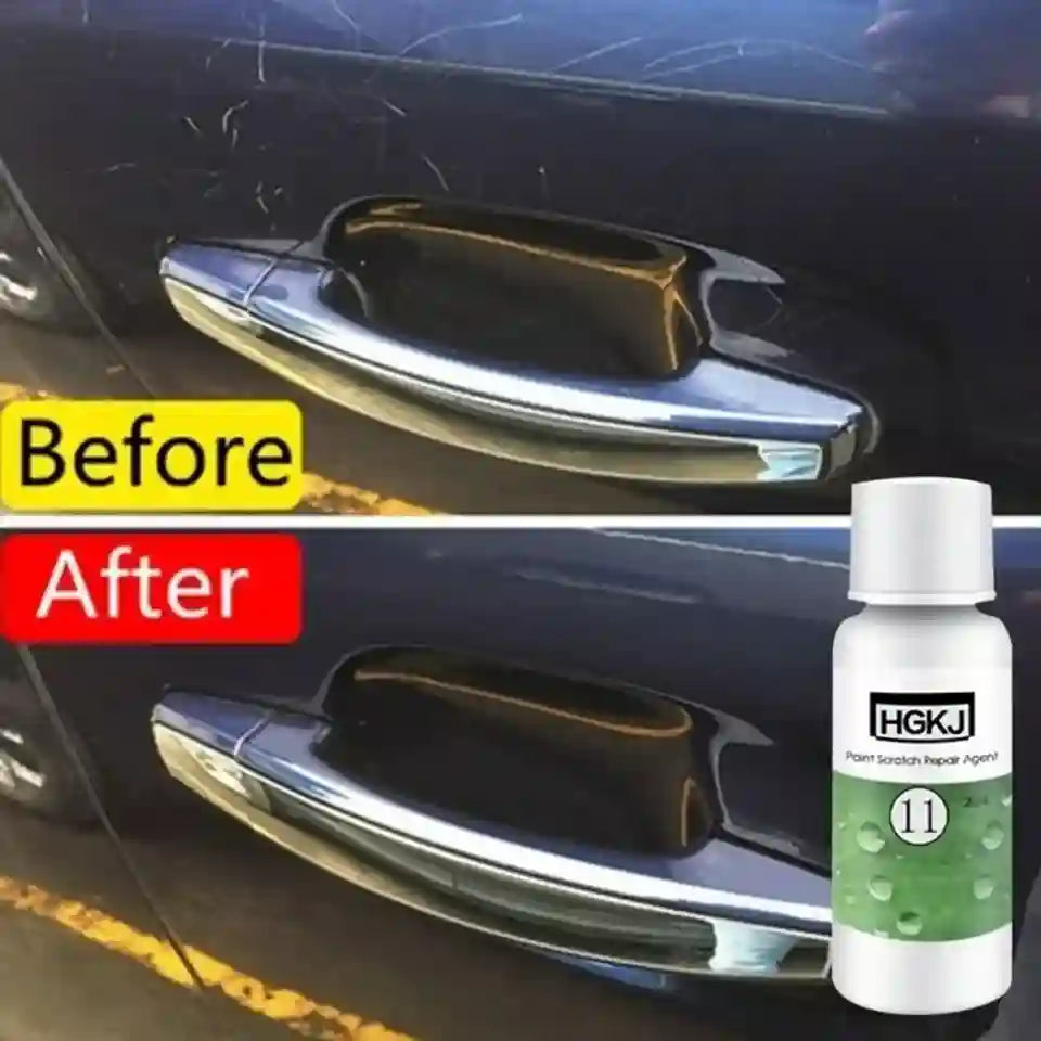 A before-and-after comparison showing a car door handle with scratches, alongside a bottle labeled HOKJ Pearl Scratch Repair Agent.