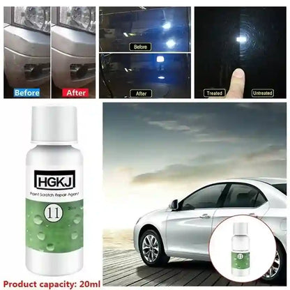 A collage showing a bottle of HGKJ 11号 Paint Scratch Repair Agent on the left, before-and-after panels demonstrating scratch removal on a car door and paint surface, and a silver car on a road with a circular inset of the product bottle.