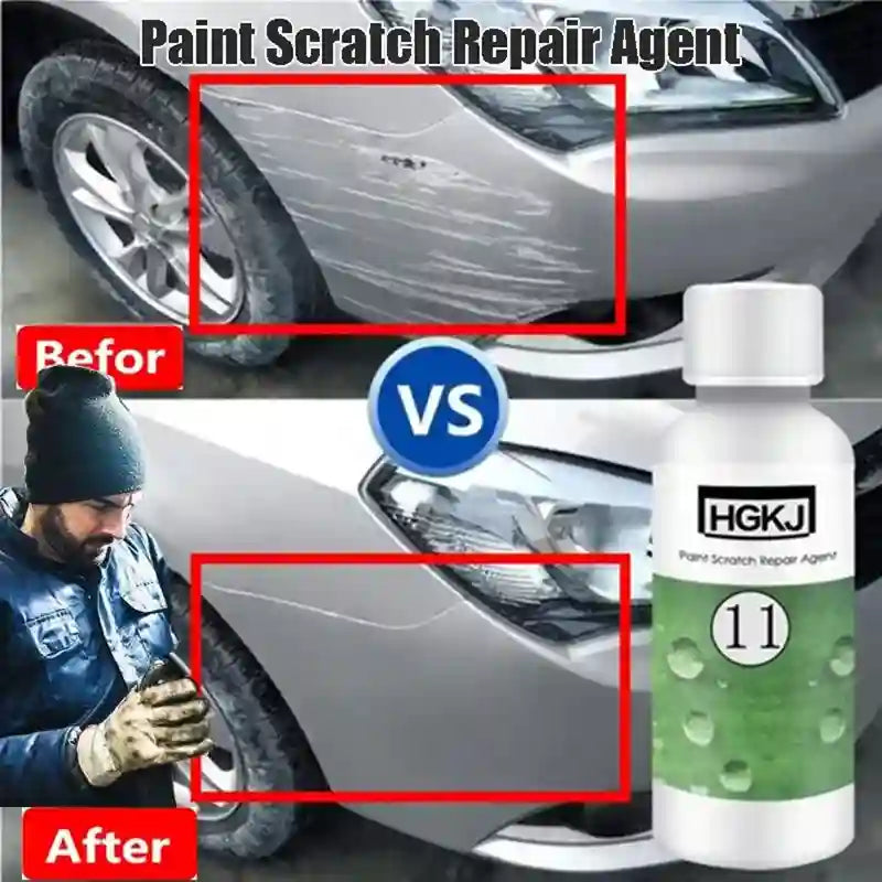 A promotional collage for HGKJ paint scratch repair agent. The top half shows a silver car with a scratched panel highlighted by a red box and the text 'Paint Scratch Repair Agent'.