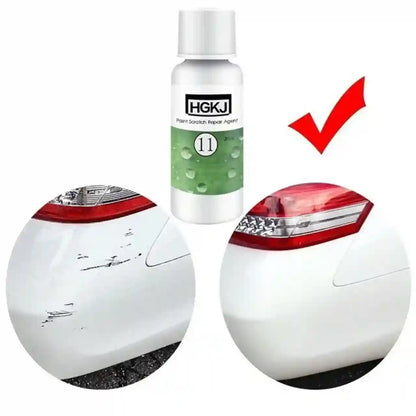 A bottle of HGKJ car scratch repair agent shown with two circular before-and-after views of a white car rear, demonstrating scratch removal. A red check mark is displayed above.
