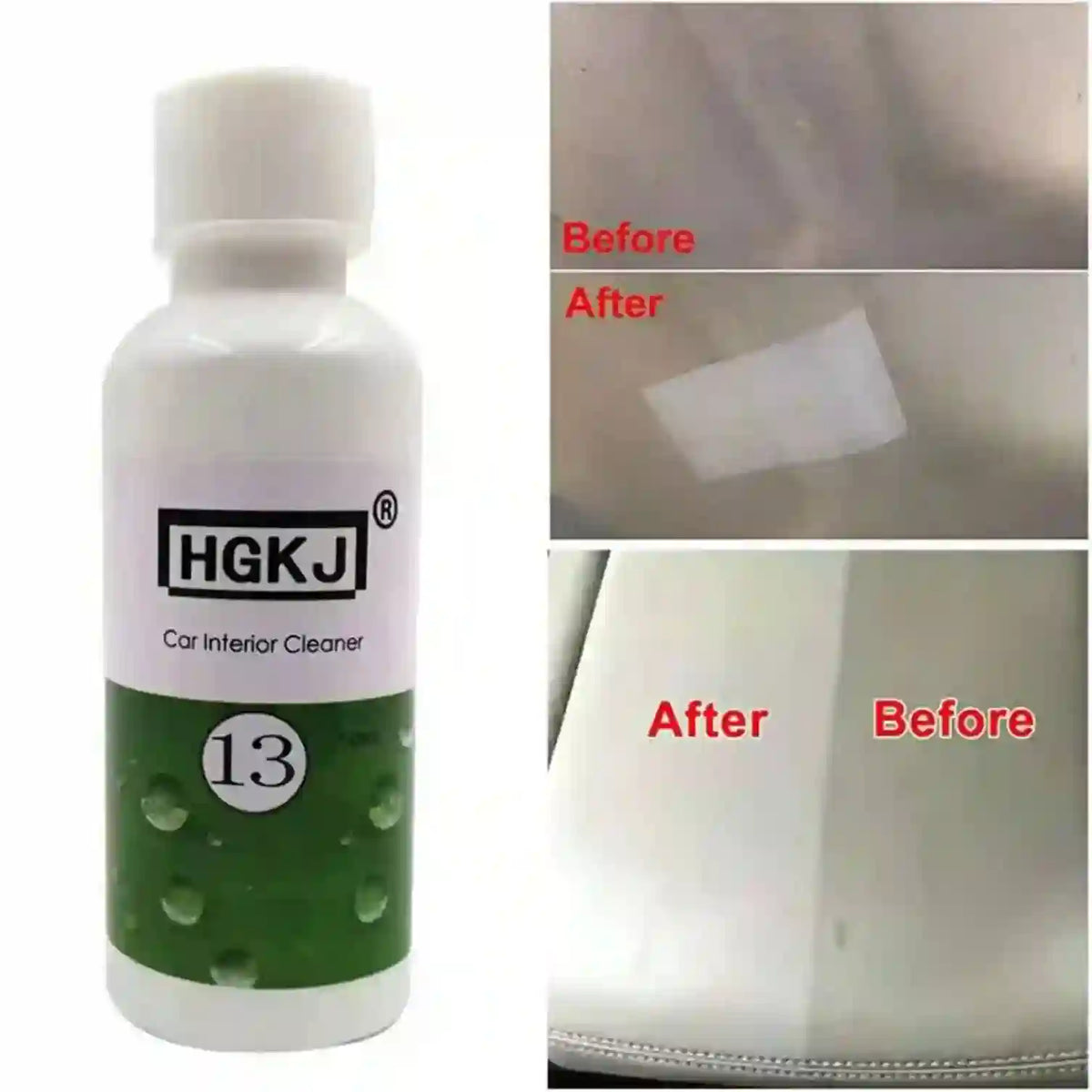 A bottle of HGKJ Car Interior Cleaner shown next to two before-and-after comparison photos of a white car seat or floor mat, demonstrating cleaning results.
