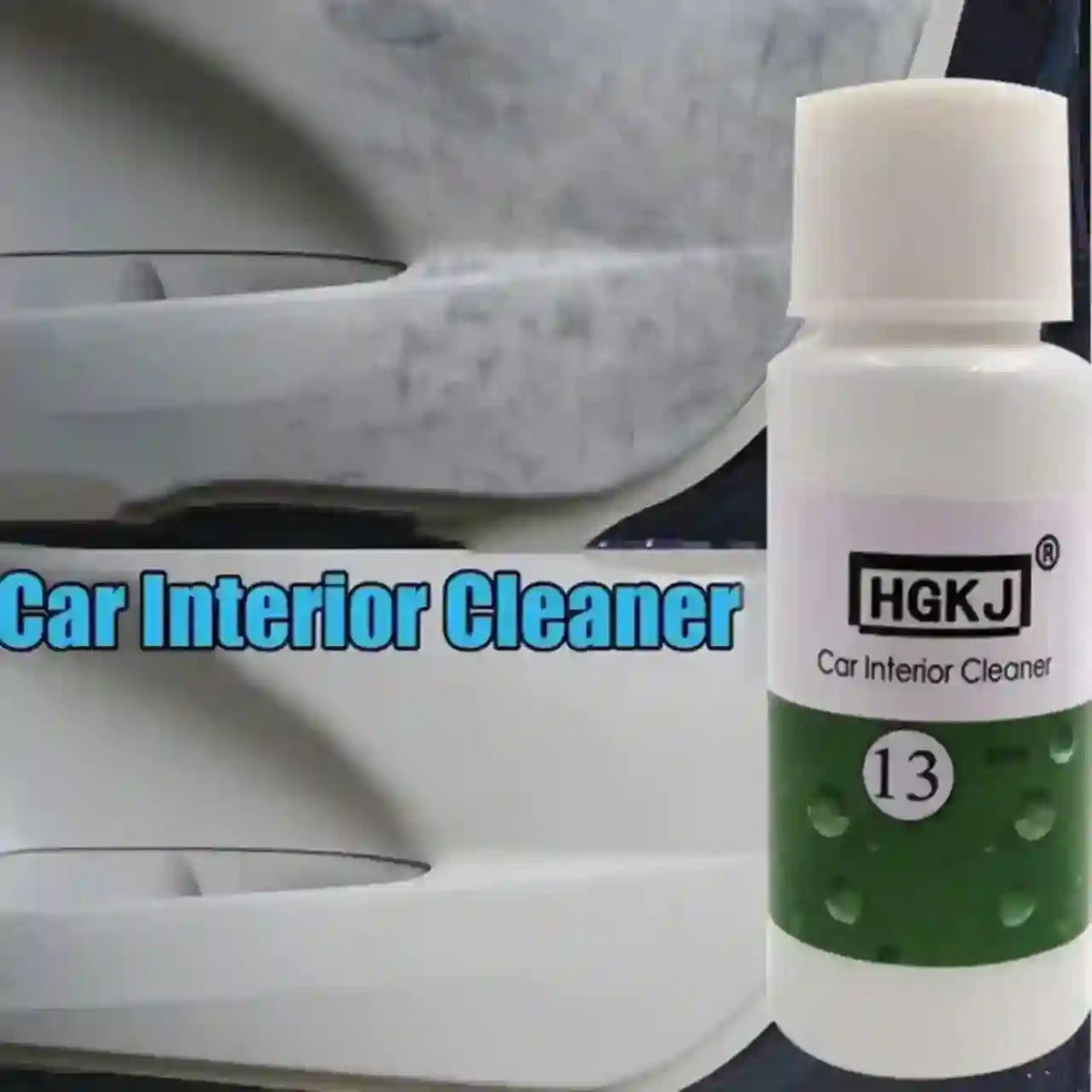A bottle of HGKJ Car Interior Cleaner shown next to a car interior surface with blue text overlay reading 'Car Interior Cleaner'.