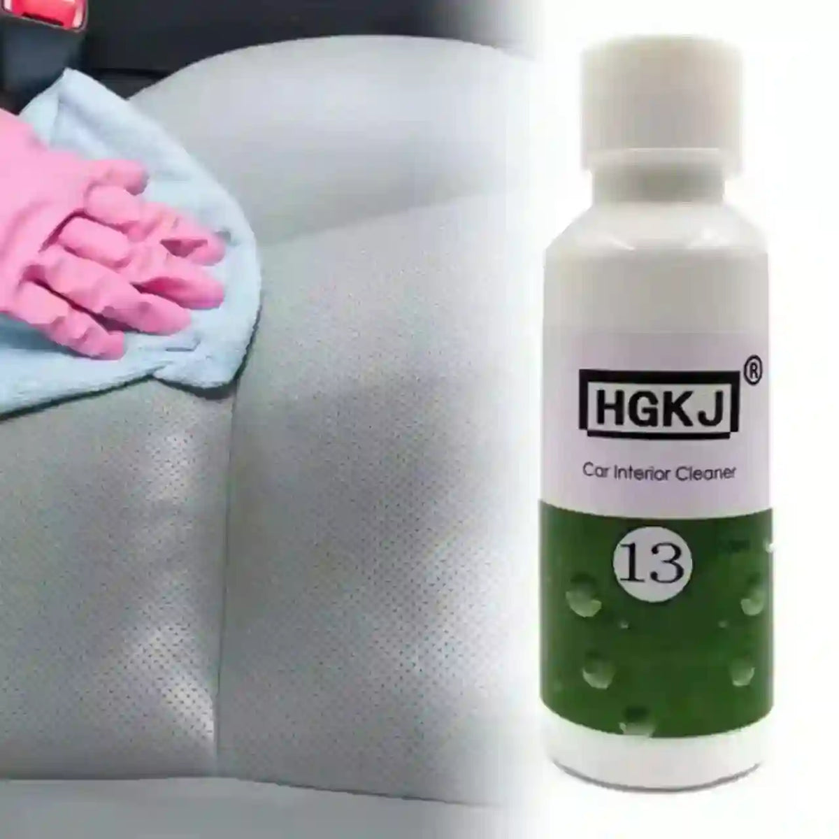 Car interior cleaner bottle with gloves and cloth on car seat