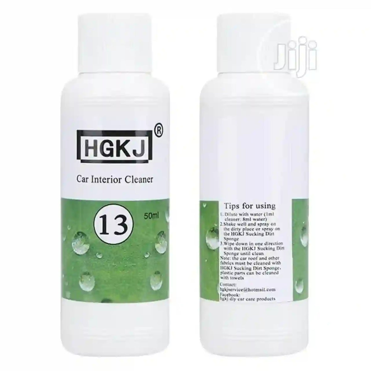 Two white plastic bottles of HGKJ Car Interior Cleaner, showing the front label with '13 50ml' and the back label with usage tips, on a white background.