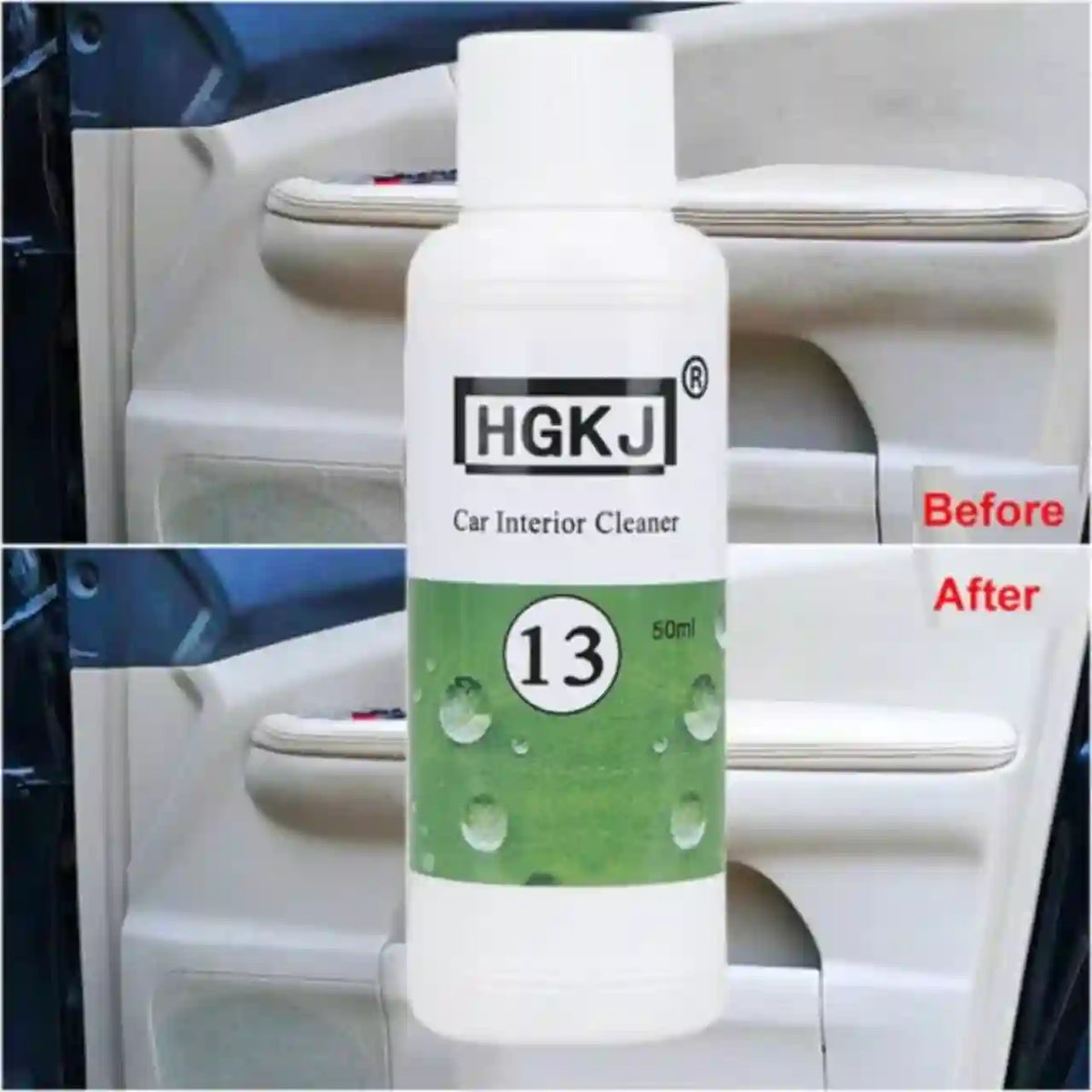 A white bottle labeled HGKJ Car Interior Cleaner is shown in front of a car door interior, with a split-screen comparison labeled Before and After.